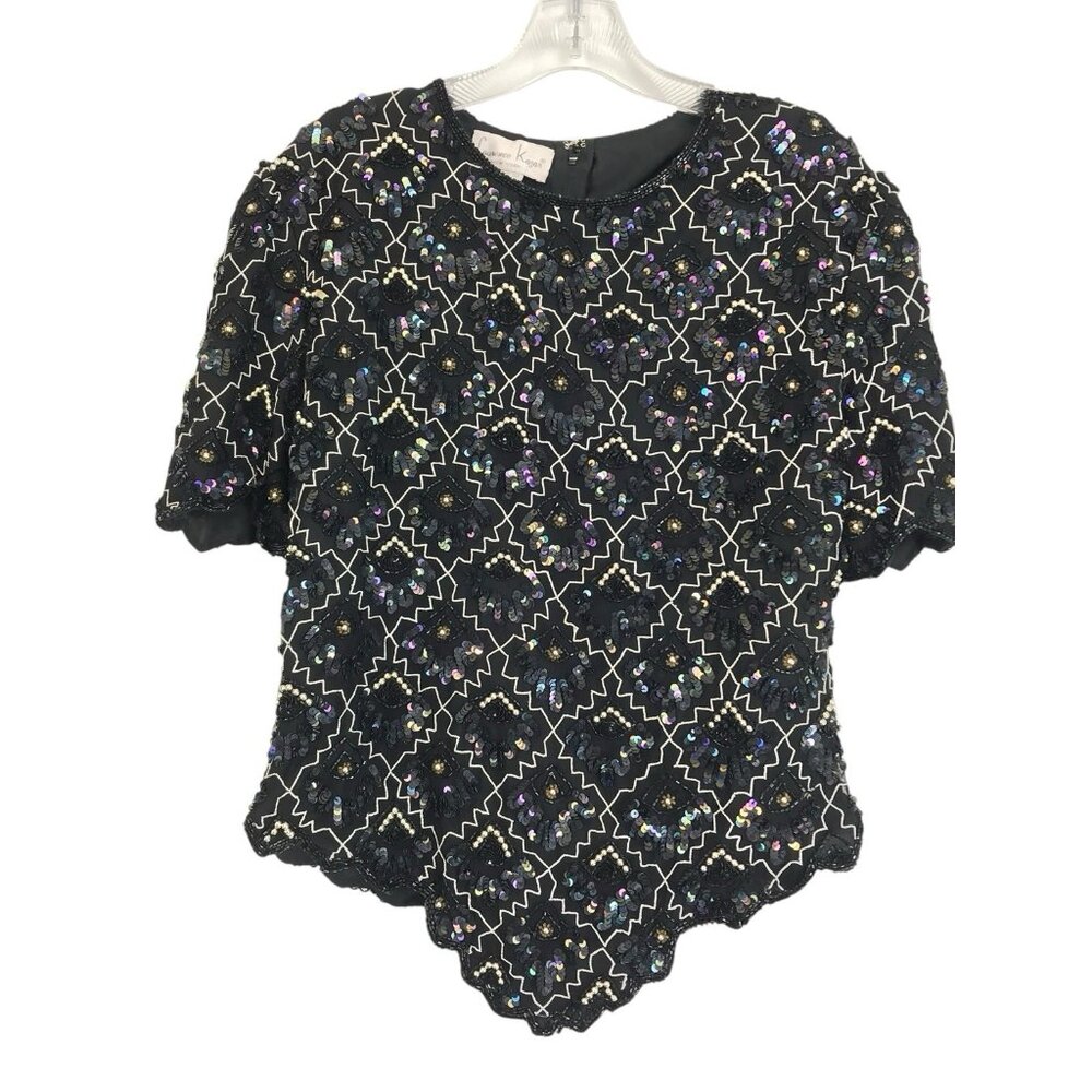 Vintage Laurence Kazar‎ Black Floral Beaded Silk Top Party Cocktail Festive XL